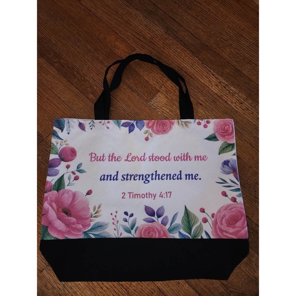 Floral Scripture Canvas Tote Bag 2 Timothy 4:17 Religious Christian Shopper Bag